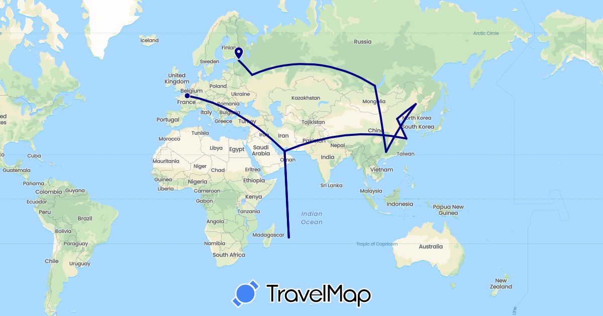 TravelMap itinerary: driving in United Arab Emirates, China, France, Mauritius, Russia (Africa, Asia, Europe)